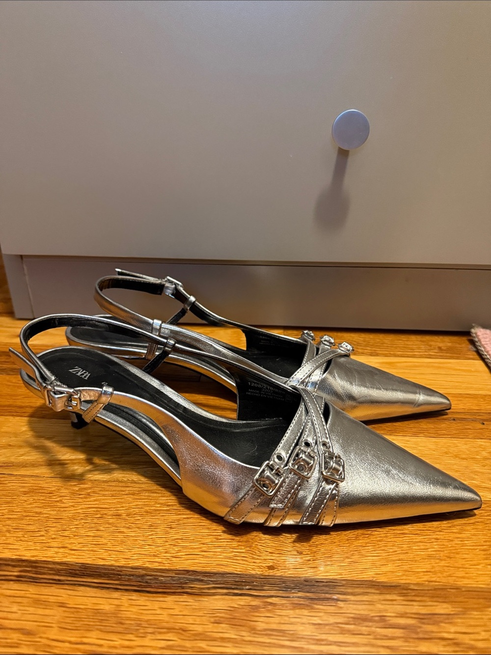 Zara Metallic Silver Pointed Slingback Flats with Buckle Detail
